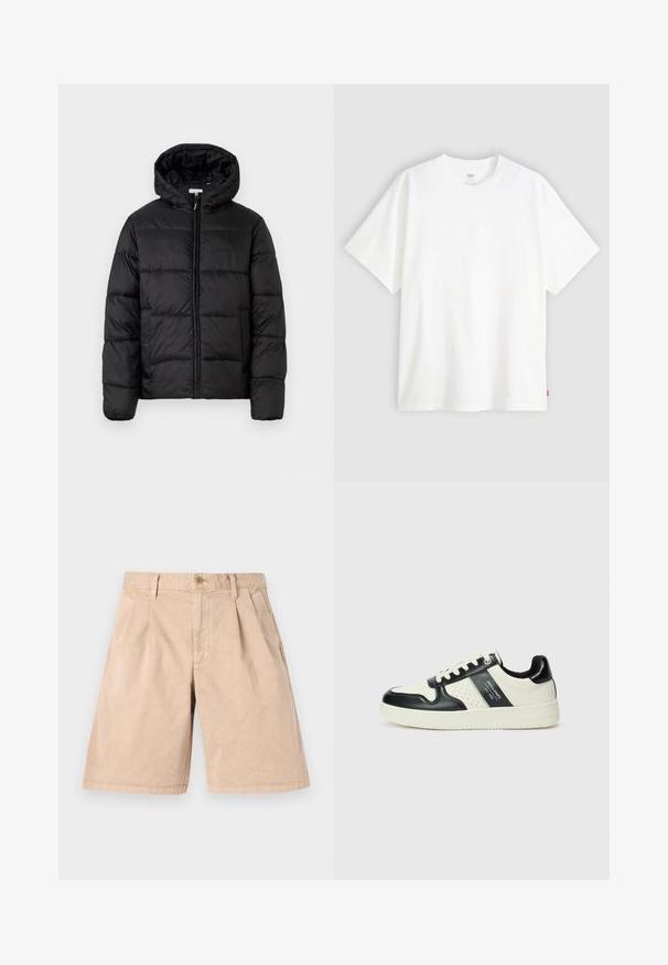 Crna puffer jakna s kapuljačom, koja ima horizontalne kvadratne panele, zatvaranje na zip sprijeda i glatku, sjajnu teksturu.; Bijela kratka majica od pamuka s okruglim izrezom. Sadrži suptilni reljefni logo detalj sprijeda i crvenu oznaku na rubu.; Bež kratke hlače od pamuka, ravnog kroja, s plisiranim prednjim dijelom, bočnim džepovima i jednim gumbom za zakopčavanje u struku.; Kožne tenisice s crno-bijelom paletom boja, koje imaju perforirane akcentne detalje, podstavljeni ovratnik i teksturiranu potplat.