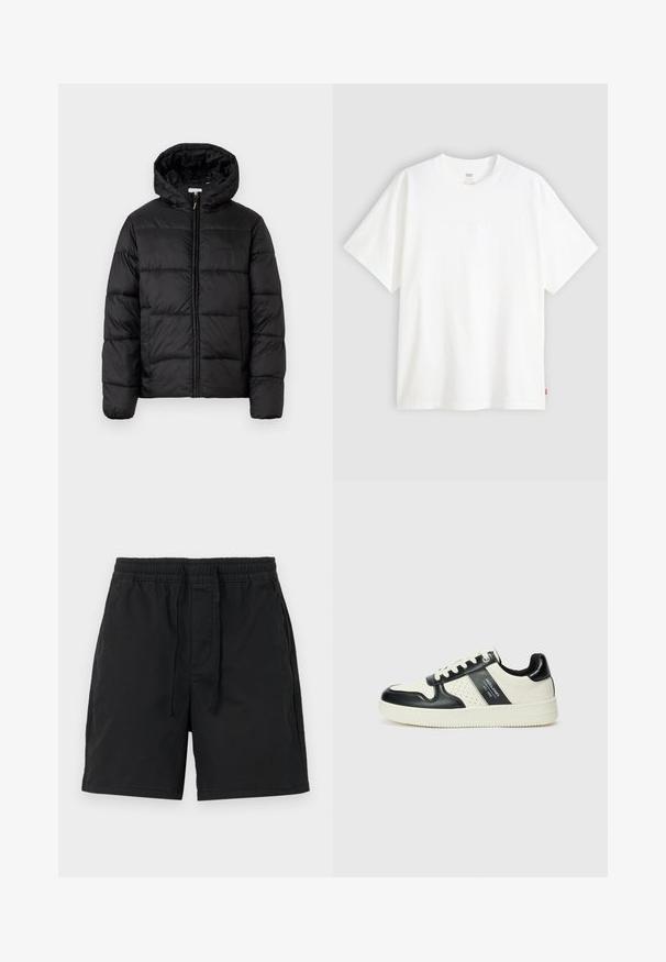 Melnā pūkainā jaka ar kapuci, ar horizontāliem quiltotiem paneļiem, ar rāvējslēdzēju priekšpusē un gludu, spīguļojošu tekstūru.; Balta īslaicīga T-krekla ar īsām piedurknēm, kas izgatavots no kokvilnas, ar apaļu kakla izgriezumu. Priekšpusē ir smalks reljefs ar logotipu un sarkans birka apakšmalā.; Melni šorti ar elastīgu jostu un auklu. Izgatavoti no viegla auduma, ar sānu kabatām un vienkāršu, klasisku dizainu.; Ādas sporta apavi ar melnbaltu krāsu shēmu, ar perforētiem akcentiem, mīkstinātu apkakli un teksturētu zoli.