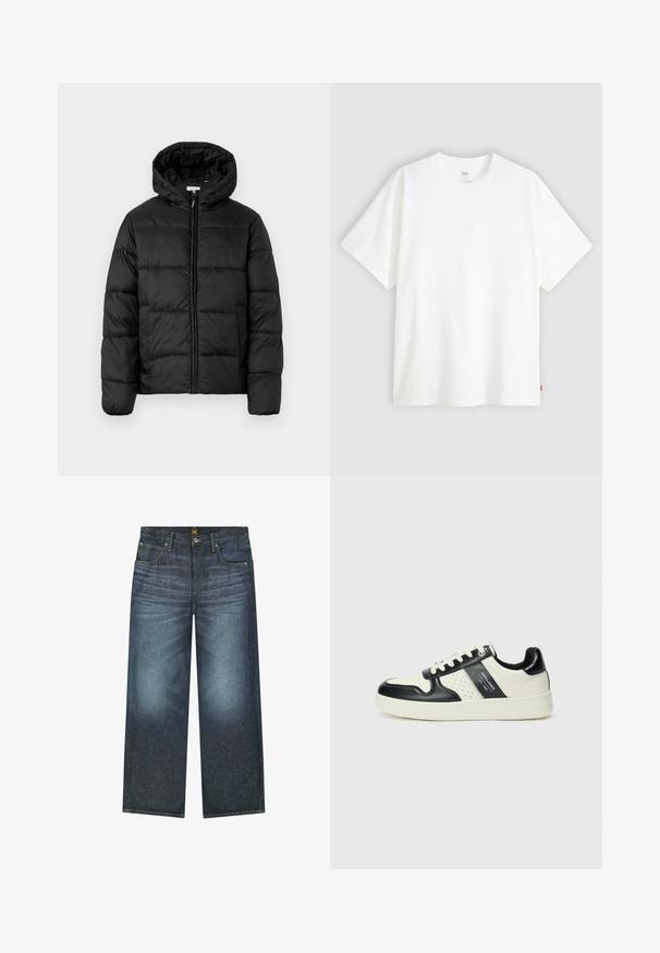 Svart puffjakke med hette, med horisontale quiltpaneler, glidelås foran og en glatt, shiny tekstur.; Hvit t-skjorte med korte ermer laget av bomull, med rund hals. Har diskret preget logo detalj foran og en rød etikett på kanten.; Mørkeblå vide bukser i denim med fem lommer, kontraststing og knaplukning i taljen.; Lædersneakers med sort og creme farveskema, der har perforerede detaljer, en polstret krave og en struktureret ydersål.