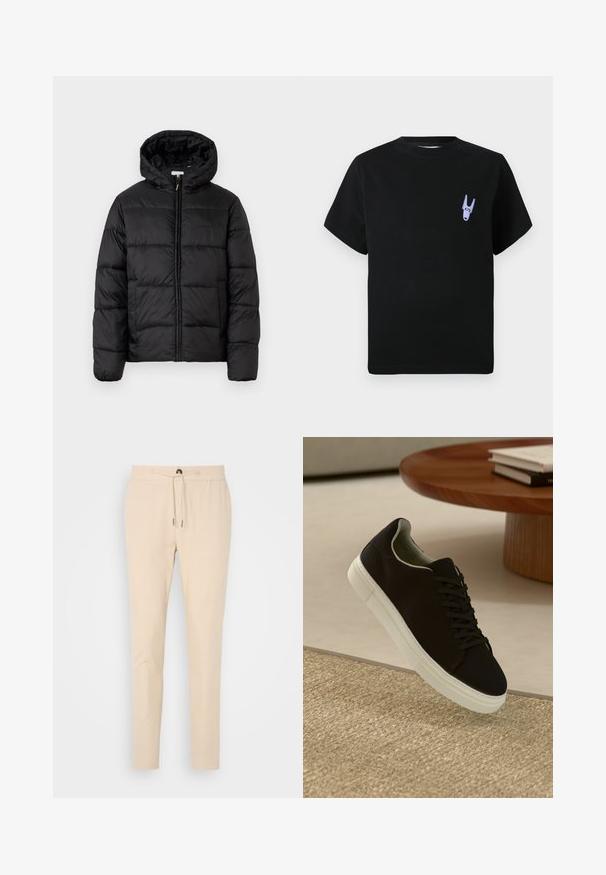 Črna pufasta bunda s kapuco, ki ima vodoravne prešite plošče, sprednje zapiranje na zadrgo in gladko, sijočo teksturo.; Črna bombažna majica s kratkimi rokavi, ki ima majhen vijoličen grafični detajl na levi strani prsnega koša. Preprost, kvadraten dizajn.; Bežne tapered hlače iz mehke tkanine, z elastičnim pasom in vrvico ter eno sprednjo žepom. Gladka tekstura in subtilen dizajn.; Črni športni copat z belim podplatom lebdi nad bež teksturiranim preprogam blizu okroglega lesenega mize z zloženimi knjigami.