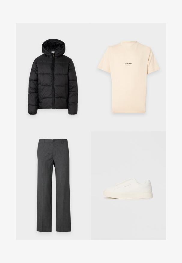 Casaco puffer preto com capuz, apresentando painéis acolchoados horizontais, fecho com zíper na frente e uma textura suave e brilhante.; Jack & Jones ESOHO TEE CREW NECK - T-shirt básica - beige; Calças cinza com risca de giz, feitas de um tecido ajustado, com um design de perna reta, bolsos frontais e um fecho de botão na cintura.; Sapatilhas brancas de atacar com uma superfície texturizada, sola grossa e design minimalista. Possui o logo da marca na lateral.