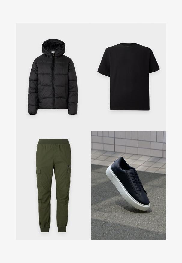 Črna pufasta bunda s kapuco, ki ima vodoravne prešite plošče, sprednje zapiranje na zadrgo in gladko, sijočo teksturo.; Črna kratka majica s kratkimi rokavi, izdelana iz teksturirane tkanine, z okroglim izrezom in sproščenim krojem. Preprosta, brez vzorcev ali dodatkov.; Olive zelene cargo hlače z elastičnim pasom, stranskimi žepi in manšeti okoli gležnjev; narejene iz trpežnega materiala z gladko teksturo.; Črne usnjene superge z zaobljenim prstom in belim gumijastim podplat. Imajo ravne vezalke in minimalno šivanje na zgornjem delu. Teksturirani podplat za oprijem.