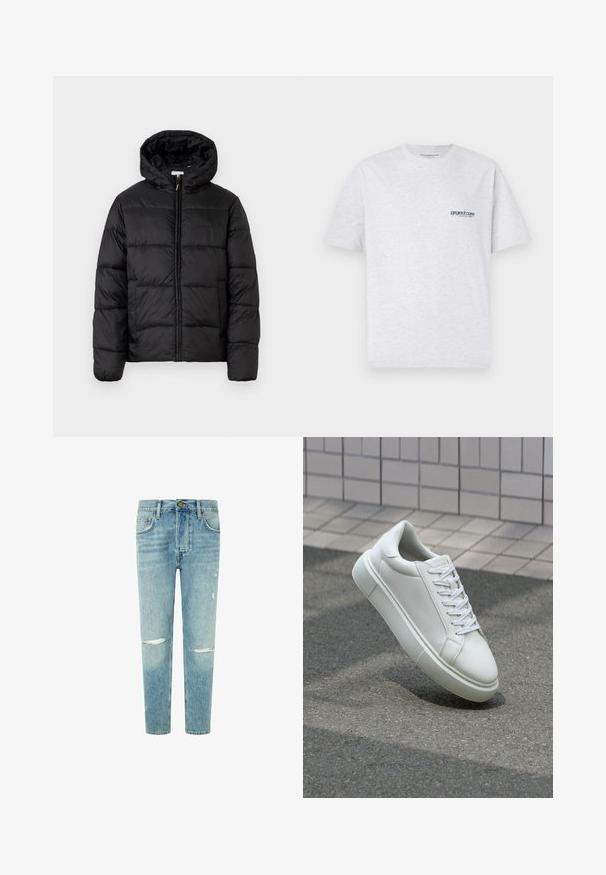 Mustapukuinen puhvijakku, jossa on huppu, vaakasuorat tikatut paneelit, vetoketjukiinnitys ja sileä, kiiltävä pinta.; Harmaa lyhythihainen t-paita, jossa on pieni sininen "project core" -logo vasemmalla rinnan puolella, esillä yksinkertaisella taustalla.; Vaaleansiniset farkut rentoa mallia, joissa on kulutusta polvissa, viisi taskua ja napitus vyötäröllä.; Valkoinen nahkainen lenkkari, jossa on sileä pinta, pyöreä kärki ja tasaiset valkoiset nauhat. Varustettu teksturoidulla kumi-pohjalla ja vähäisillä muotoiluelementeillä.