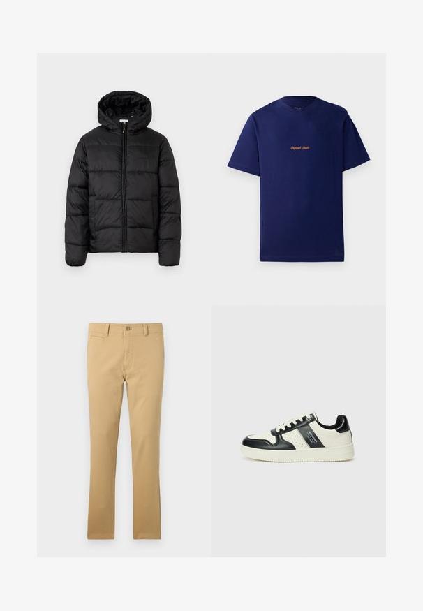 Casaco puffer preto com capuz, apresentando painéis acolchoados horizontais, fecho com zíper na frente e uma textura suave e brilhante.; T-shirt de algodão azul-marinho com mangas curtas. Apresenta um pequeno logótipo bordado laranja no peito. Design clássico de gola redonda.; Calças caqui em algodão, com um design de perna reta, bolsos frontais, fecho com botão e uma textura de tecido subtil.; Ténis de couro com um esquema de cores em preto e creme, apresentando detalhes perfurados, um colarinho acolchoado e uma sola texturizada.