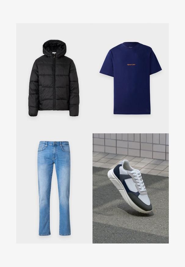 Black puffer jacket with a hood, featuring horizontal quilted panels, zip front closure, and a smooth, shiny texture.; Navy blue cotton t-shirt with short sleeves. Features a small, orange embroidered logo at the chest. Classic crew neck design.; Light blue denim jeans with a straight leg design, featuring five pockets, a button and zipper closure, and subtle fading patterns.; White, navy, and gray sneaker with a mixed material design, featuring a textured upper, flat laces, and a cushioned sole.