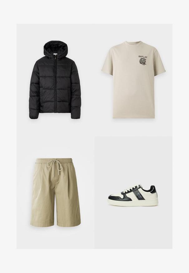 Schwarze Steppjacke mit Kapuze, ausgestattet mit horizontalen Stepppanelen, Reißverschluss vorne und einer glatten, glänzenden Textur.; Beige Baumwoll-T-Shirt mit rundem Halsausschnitt und kurzen Ärmeln. Auf der Vorderseite ist ein schwarzes, illustriertes Grafikmotiv sowie das Wort "REPLAY" zu sehen.; Beige Baumwollshorts mit elastischem Bund und Kordelzug. Verfügt über Seitentaschen und ein entspanntes, gerades Schnittdesign.; Leder-Sneaker in Schwarz- und Cremetönen, mit perforierten Akzenten, einem gepolsterten Kragen und einer strukturierten Laufsohle.