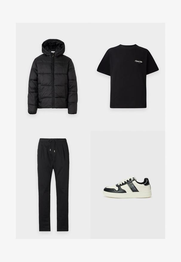 Melnā pūkainā jaka ar kapuci, ar horizontāliem quiltotiem paneļiem, ar rāvējslēdzēju priekšpusē un gludu, spīguļojošu tekstūru.; Melnas kokvilnas t-krekls ar apaļu kakla izgriezumu, īsām piedurknēm un maziem baltiem logotipa uzrakstiem kreisajā krūšu daļā. Vienkāršs dizains, klasiskā piegriezne.; Melni, viegli bikses ar elastīgu jostasvietu, aukliņu aizdari un divām priekšējām kabatām. Gluda tekstūra ar pielāgotu piegriezumu.; Ādas sporta apavi ar melnbaltu krāsu shēmu, ar perforētiem akcentiem, mīkstinātu apkakli un teksturētu zoli.