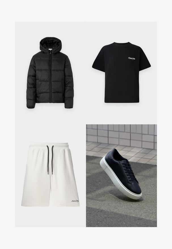 Svart puffjakke med hette, med horisontale quiltpaneler, glidelås foran og en glatt, shiny tekstur.; Svart bomull t-skjorte med rund hals, korte ermer og liten hvit logo-tekst på venstre bryst. Enkel design, klassisk passform.; Hvite bomullsshorts med snøring i midjen og svarte detaljer. Har sidelommer og en liten logo på kanten. Myk tekstur.; Sorte skinnsneakers med rund tå og hvit gummisåle. Har flate lisser og minimal søm på overdelen. Strukturert såle for grep.