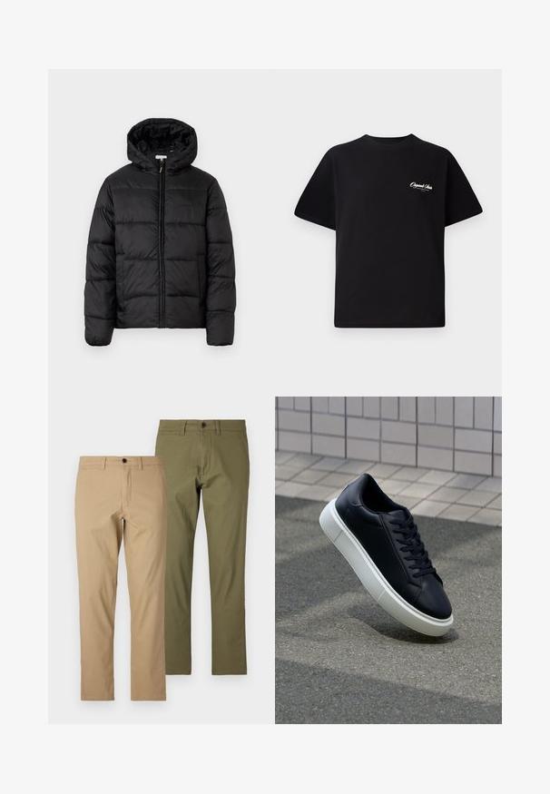 Casaco puffer preto com capuz, apresentando painéis acolchoados horizontais, fecho com zíper na frente e uma textura suave e brilhante.; T-shirt de algodão preto com decote redondo, mangas curtas e pequeno texto de logo branco no lado esquerdo do peito. Design simples, corte clássico.; Calças em algodão nas cores cáqui e verde oliva, com um corte reto, passantes para cinto, fecho de correr e botão, apresentando uma textura suave.; Sapatilha de couro preto com bico arredondado e sola de borracha branca. Apresenta atacadores planos e costuras mínimas na parte superior. Sola texturizada para melhor aderência.