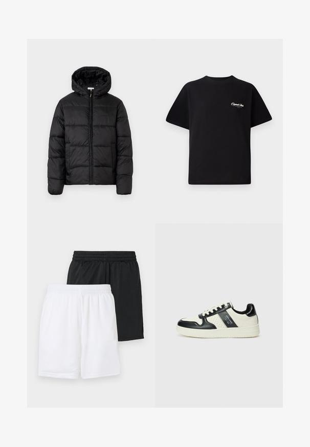 Černá péřová bunda s kapucí, s horizontálně prošívanými panely, předním zipovým zapínáním a hladkým, lesklým povrchem.; Černé bavlněné tričko s kulatým výstřihem, krátkými rukávy a malým bílým logem na levé straně hrudi. Jednoduchý design, klasický střih.; Dvě sady sportovních šortek: jedny černé, jedny bílé. Obě mají elastický pas a prodyšnou síťovinu.; Kožené tenisky s černobílou barevnou kombinací, které mají perforované detaily, polstrovaný límec a texturovanou podrážku.