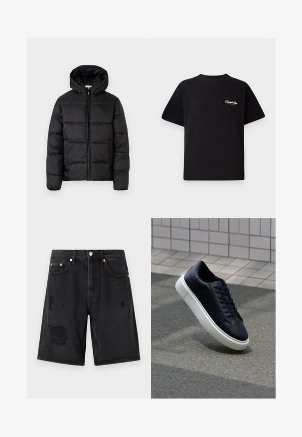 Schwarze Steppjacke mit Kapuze, ausgestattet mit horizontalen Stepppanelen, Reißverschluss vorne und einer glatten, glänzenden Textur.; Schwarzes Baumwoll-T-Shirt mit Rundhalsausschnitt, kurzen Ärmeln und kleinem weißen Logotext auf der linken Brust. Schlichtes Design, klassischer Schnitt.; Schwarze Denim-Shorts mit zerrissenen Details, Fünf-Taschen-Design und kupferfarbenen Zubehör. Der Stoff hat eine glatte Textur.; Schwarze Leder-Sneaker mit runder Zehenpartie und weißer Gummisohle. Verfügt über flache Schnürsenkel und minimale Nähte im Obermaterial. Strukturiertes Sohlenprofil für besseren Halt.