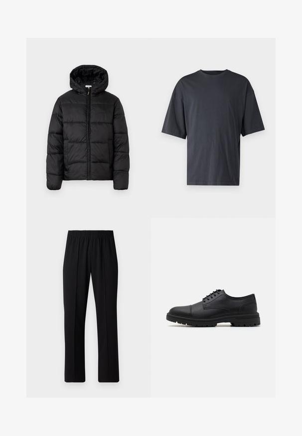 Veste matelassée noire avec capuche, présentant des panneaux matelassés horizontaux, un devant zippé et une texture lisse et brillante.; T-shirt à manches courtes gris foncé en coton léger, avec une coupe ample et un col rond classique, présentant une texture unie et sans motifs.; Pantalons noirs à taille élastique avec une coupe droite, présentant une texture lisse et sans motifs ni éléments visibles.; Chaussures à lacets en cuir noir avec un bout arrondi, des côtés texturés et une semelle en caoutchouc épaisse avec un motif pour une meilleure adhérence.