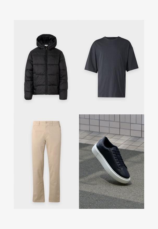 Casaco puffer preto com capuz, apresentando painéis acolchoados horizontais, fecho com zíper na frente e uma textura suave e brilhante.; T-shirt de manga curta, cinza escuro, feita de algodão leve, com um corte solto e decote redondo clássico, com textura lisa e sem padrões.; Chinos bege feitos de algodão, com um design de perna reta, fechamento tradicional por botão e bolsos laterais com costura limpa.; Sapatilha de couro preto com bico arredondado e sola de borracha branca. Apresenta atacadores planos e costuras mínimas na parte superior. Sola texturizada para melhor aderência.