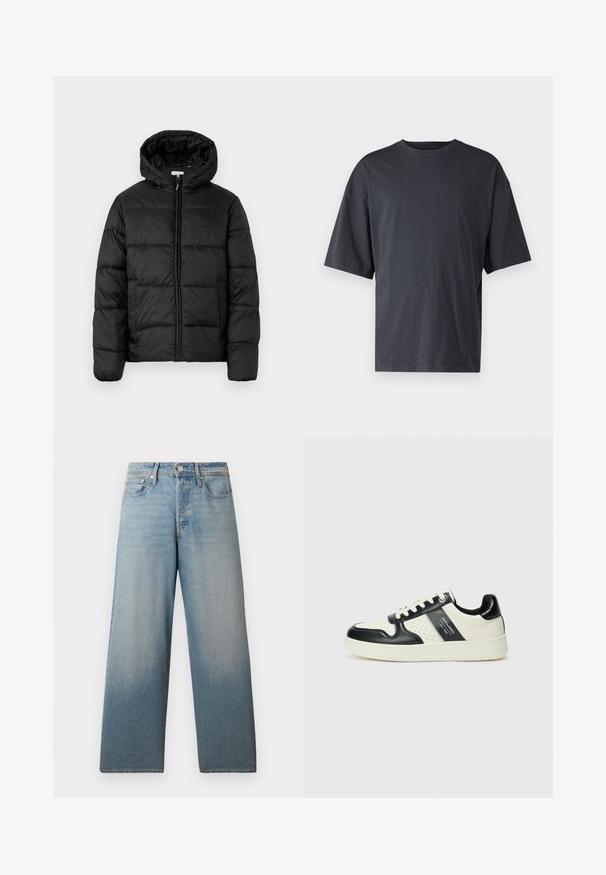 Črna pufasta bunda s kapuco, ki ima vodoravne prešite plošče, sprednje zapiranje na zadrgo in gladko, sijočo teksturo.; Temno siva majica s kratkimi rokavi iz lahkotnega bombaža, z ohlapnim krojem in klasičnim okroglim izrezom, z enostavno teksturo in brez vzorcev.; Svetlo modri široki kavbojke, narejene iz denima. Imajo visok pas, klasičen pet-pocket dizajn in subtilno bledenje za obrabljen učinek.; Usnjeni športni čevlji z črno in krem barvno shemo, ki vključujejo perforirane dodatke, podložen ovratnik in strukturirano podplat.