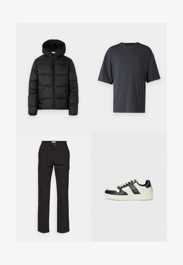 Svart puffjakke med hette, med horisontale quiltpaneler, glidelås foran og en glatt, shiny tekstur.; Mørk grå kortermet t-skjorte laget av lett bomull, med løs passform og klassisk rund hals, med ensartet tekstur og uten mønstre.; Sorte cargo bukser med rette ben, som har sidelommer, knaplukning og et robust bomullsblandingsstof.; Lædersneakers med sort og creme farveskema, der har perforerede detaljer, en polstret krave og en struktureret ydersål.