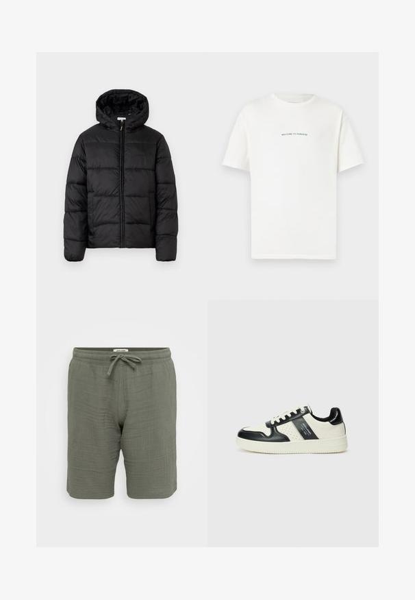 Schwarze Steppjacke mit Kapuze, ausgestattet mit horizontalen Stepppanelen, Reißverschluss vorne und einer glatten, glänzenden Textur.; Weißes Baumwoll-T-Shirt mit kurzen Ärmeln und Rundhalsausschnitt. Zentrale Schriftzüge "WILLKOMMEN IM PARADIES" in einer geschwungenen grünen Schrift.; Leichte, olivgrüne Shorts aus strukturiertem Stoff. Mit einem elastischen Bund und Zugkordel, seitlichen Taschen und einer lockeren Passform.; Leder-Sneaker in Schwarz- und Cremetönen, mit perforierten Akzenten, einem gepolsterten Kragen und einer strukturierten Laufsohle.