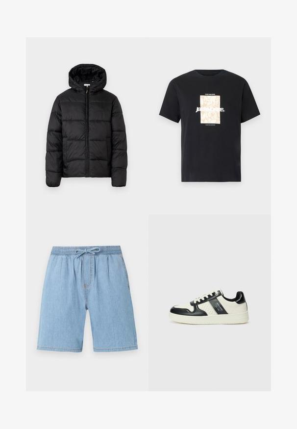 Giacca a vento nera con cappuccio, caratterizzata da pannelli trapuntati orizzontali, chiusura frontale con zip e una texture liscia e lucida.; Maglietta in cotone nera con collo tondo. Presenta una grafica rettangolare beige e il testo bianco, "JAWO," centrato sulla parte frontale. Maniche corte.; Shorts in denim azzurro chiaro con vita elastica, chiusura con coulisse, pieghe davanti e gamba dritta.; Sneakers in pelle con una combinazione di colori nero e crema, dotati di dettagli perforati, collare imbottito e suola testurizzata.