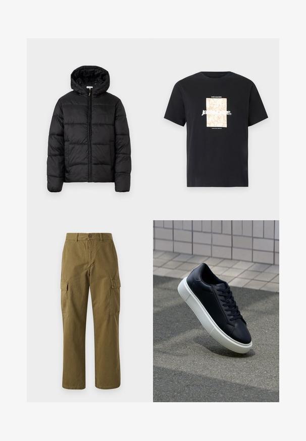 Zwarte pufferjack met een capuchon, met horizontale gestikte panelen, ritssluiting aan de voorkant en een gladde, glanzende textuur.; Zwarte katoenen T-shirt met ronde hals. Kenmerkt een beige rechthoekige grafiek en witte tekst, "JAWO," gecentreerd op de voorkant. Korte mouwen.; Olijfgroene cargobroek van katoen, met een recht model, sluiting met een knoop aan de voorkant, en twee zijvakken met klepjes.; Zwarte leren sneaker met een ronde neus en een witte rubberen zool. Voorzien van platte veters en minimale stiksels op het bovenwerk. Textuurrijke zool voor grip.