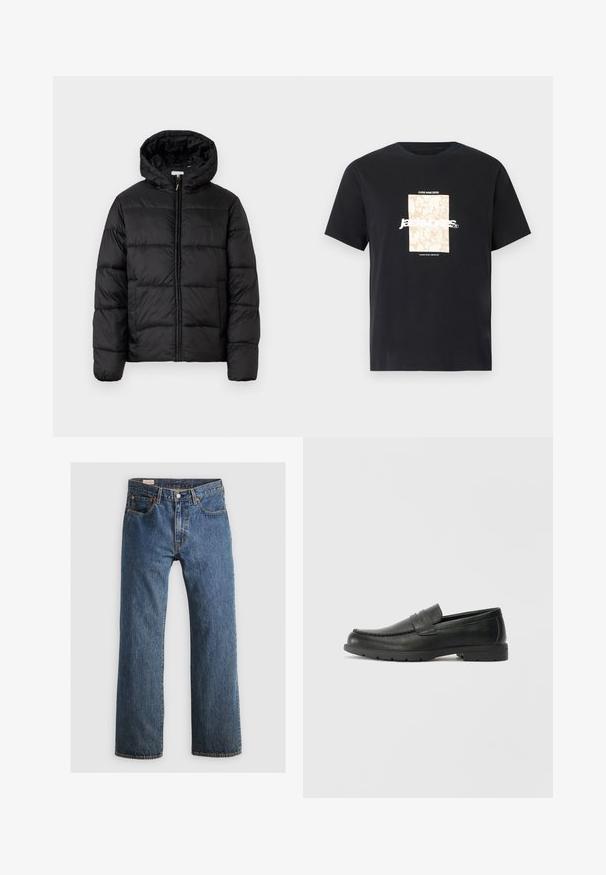Juodas pūkinis švarkas su kapišonu, su horizontaliai siuvinėtais audinio ruožais, priekyje užsegamas užtrauktuku ir turintis lygią, blizgią tekstūrą.; Juodas medvilninis marškinėliai su apvaliu kaklu. Ant priekinės pusės yra smėlio spalvos stačiakampis grafikas ir baltas tekstas "JAWO", centrinėje dalyje. Trumpi rankoviai.; Mėlyni džinsai su tiesiu kirpimu, turintys penkis kišenes, užtrauktuką ir oranžinius siuvinėjimo akcentus. Medžiaga turi klasiką primenantį išblukusį tekstūrą.; Juodai odiniai loaferiai su sklandžiu paviršiumi, mokasino stiliaus viršus, siuvinėjimu ir guminėmis padangomis. Klasikinis dizainas su žemu kulnu.