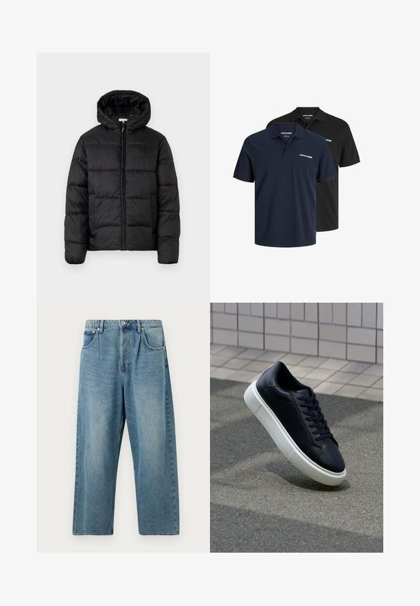 Fekete puffermellény kapucnival, vízszintes steppelésekkel, cipzáros elülső záródással és sima, fényes felülettel.; Két pólóing: az egyik sötétkék, fehér logóval, a másik fekete. Mindkettő klasszikus gallérral és rövid ujjakkal rendelkezik, könnyű anyagból készült.; Világoskék farmernadrág egyenes szárú kivitelben, gombos derékkal, két elülső zsebbel és klasszikus, kopottas hatású textúrával.; Fekete bőr sportcipő lekerekített orral és fehér gumitalppal. Lapos fűzőkkel és minimális varrásokkal rendelkezik a felsőrészén. Mintás talp a tapadásért.