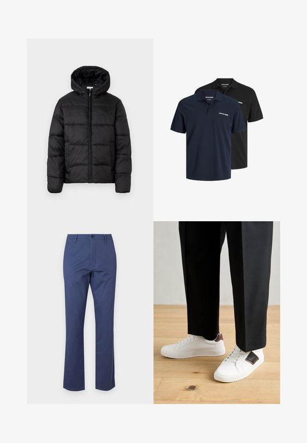 Musternaturmustar coat mustelhoovaga, hrisontaalsete tikandi paneelidega, tõmbluku ees sulgemisega ja sujuva, läikiva tekstuuriga.; Kaks polo särki: üks tumepunane valge logoga ja üks must. Mõlemal on klassikaline krae ja lühikesed varrukad, valmistatud kergest kangast.; Tumedat sinised puuvillased püksid, millel on lukuga esiosa, ees taskud ja sirge jala disain. Sile tekstuur ja nupuga sulgur vööl.; Valged sneakersid siledat tekstuurist, millel on pruunad nahast detailid ja mustad aksessuaarid, millele on sobitatud mustad kohandatud püksid. Puitpõranda taust.