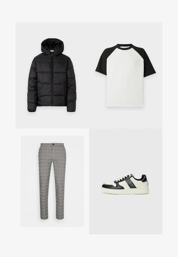 Giacca a vento nera con cappuccio, caratterizzata da pannelli trapuntati orizzontali, chiusura frontale con zip e una texture liscia e lucida.; T-shirt corto a manica corta in bianco e nero con texture a costine; presenta maniche raglan e collo rotondo.; Pantaloni grigi a quadri con design a gamba dritta, realizzati in tessuto leggero. Presentano una chiusura con un singolo bottone e una trama delicata.; Sneakers in pelle con una combinazione di colori nero e crema, dotati di dettagli perforati, collare imbottito e suola testurizzata.