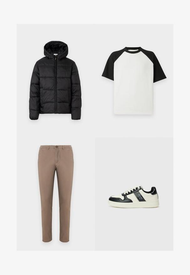 Giacca a vento nera con cappuccio, caratterizzata da pannelli trapuntati orizzontali, chiusura frontale con zip e una texture liscia e lucida.; T-shirt corto a manica corta in bianco e nero con texture a costine; presenta maniche raglan e collo rotondo.; Chinos beige con vestibilità dritta, chiusura a bottone, tasche anteriori e posteriori, tessuto di cotone morbido e orlo curato. Adatti per un abbigliamento casual.; Sneakers in pelle con una combinazione di colori nero e crema, dotati di dettagli perforati, collare imbottito e suola testurizzata.