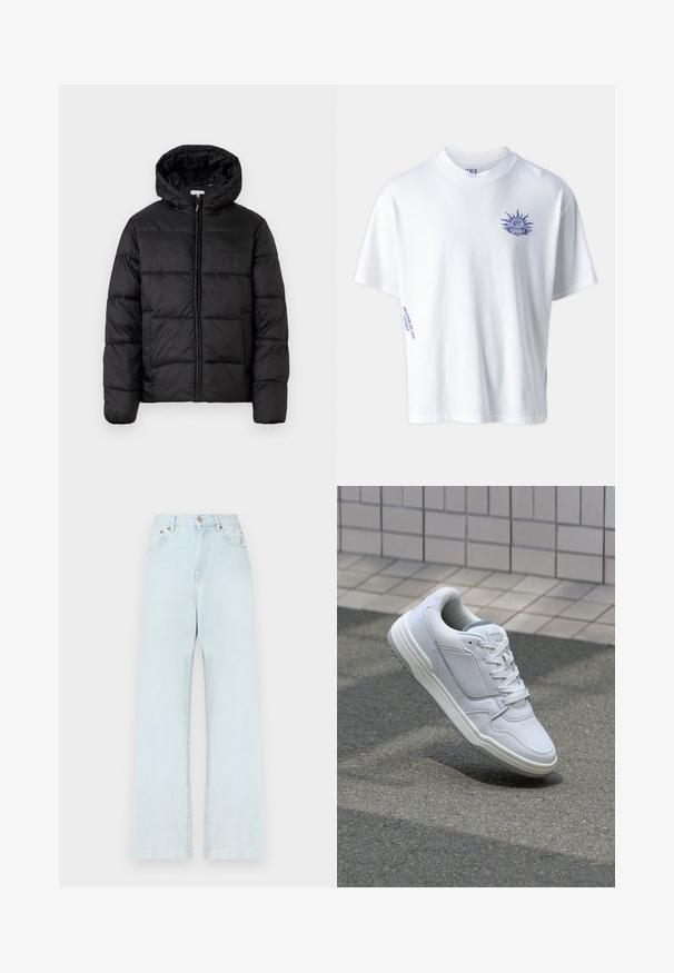 Czarna kurtka puchowa z kapturem, z poziomymi pikowanymi panelami, zapinana na zamek błyskawiczny z przodu i o gładkiej, błyszczącej fakturze.; Replay - T-shirt z nadrukiem; Jasnoniebieskie dżinsy z prostą nogawką, pięcioma kieszeniami, zapięciem na guzik i minimalnymi detalami w szwie.; Białe skórzane trampki z perforowanymi bokami, teksturowanymi akcentami, płaskimi sznurowadłami i kontrastującym szarym obcasem. Posiadają lekko podniesioną podeszwę.