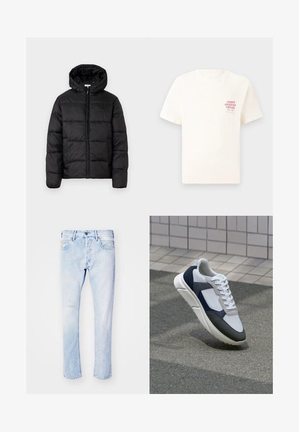 Melnā pūkainā jaka ar kapuci, ar horizontāliem quiltotiem paneļiem, ar rāvējslēdzēju priekšpusē un gludu, spīguļojošu tekstūru.; Balts īsām piedurknēm T-krekls ar sarkanu tekstu "Studio Originals Edition" uz kreisā krūšu, pakārtots neitrālā pelēkā fonā.; Gaiši zili džinsi ar taisnu piegriezi, ar nodilušiem akcentiem priekšpusē, pieci kabatas un standarta rāvējslēdzēja aizdare.; Balti, tumši zili un pelēki sporta apavi ar jauktu materiālu dizainu, kuram ir teksturēts augšdaļa, plakani šņores un mīkstināta zole.