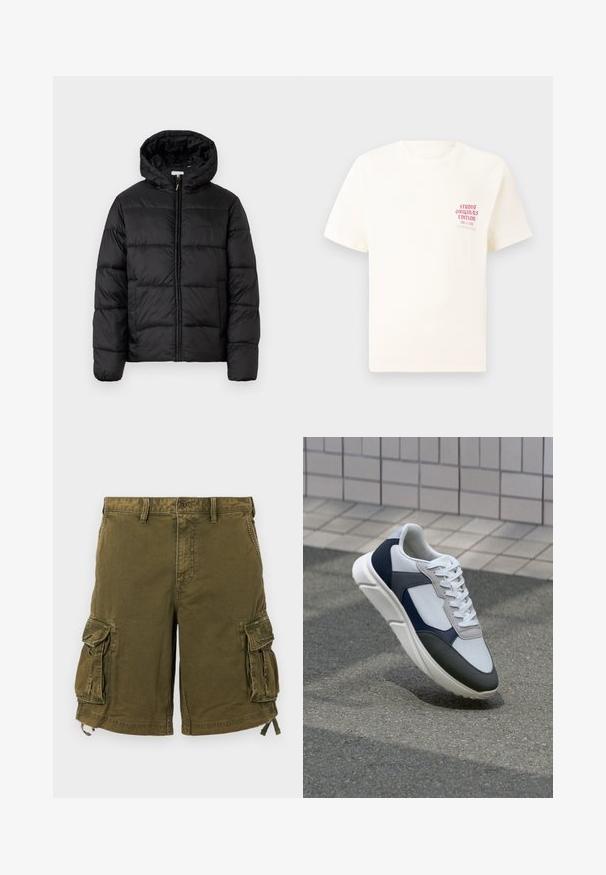 Juodas pūkinis švarkas su kapišonu, su horizontaliai siuvinėtais audinio ruožais, priekyje užsegamas užtrauktuku ir turintis lygią, blizgią tekstūrą.; Balta trumpa rankovėmis marškinėliai su raudonu užrašu "Studio Originals Edition" kairiajame krūtinės šone, rodomi neutralioje pilkoje aplinkoje.; Žalios cargo šortai su sagčių užsegimu, keliomis šoninėmis kišenėmis ir reguliuojamais raišteliais apvadu. Pagaminta iš patvarios medžiagos.; Baltos, tamsiai mėlynos ir pilkos sportbačiai su mišriomis medžiagomis, turintys tekstūruotą viršutinę dalį, plokščius raištelius ir paminkštintą pado dalį.