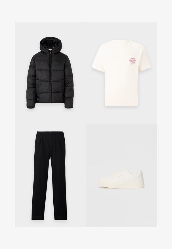 Crna puffer jakna s kapuljačom, koja ima horizontalne kvadratne panele, zatvaranje na zip sprijeda i glatku, sjajnu teksturu.; Bijela kratka majica s kratkim rukavima s crvenim natpisom "Studio Originals Edition" na lijevoj strani grudi, prikazana na neutralnoj sivoj pozadini.; Crne hlače s elastičnim pojasom, ravnim nogavicama i suptilnim nabora. Glatka tekstura i lagani materijal. Nema vidljivih uzoraka.; Bijele slip-on tenisice s teksturiranom površinom, debelim đonom i minimalističkim dizajnom. Sadrže logo branda sa strane.
