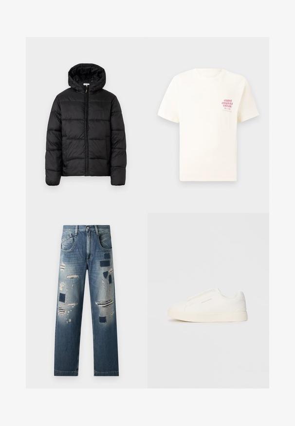 Črna pufasta bunda s kapuco, ki ima vodoravne prešite plošče, sprednje zapiranje na zadrgo in gladko, sijočo teksturo.; Bela majica s kratkimi rokavi z rdečim napisom "Studio Originals Edition" na levi strani prsnega koša, prikazana na nevtralnem sivo backgroundu.; Jeans iz denima z obrabljenimi flikami in različnimi odtenki modre, s strahim krojem in tradicionalnim pet-pocket dizajnom.; Bele zapete brez vezalk z teksturirano površino, debelim podplatom in minimalističnim dizajnom. Na strani se nahaja logotip blagovne znamke.