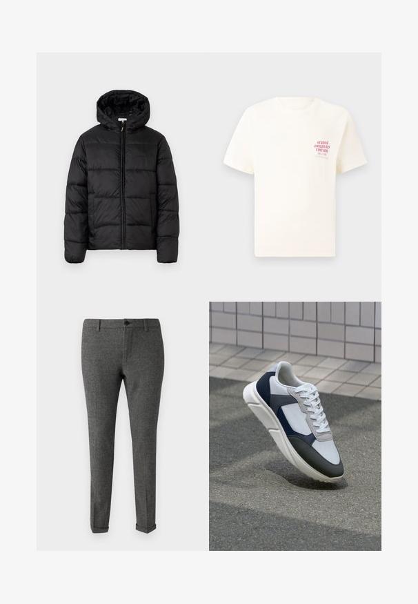 Casaco puffer preto com capuz, apresentando painéis acolchoados horizontais, fecho com zíper na frente e uma textura suave e brilhante.; T-shirt branca de mangas curtas com o texto vermelho "Edição Originais do Estúdio" no lado esquerdo do peito, apresentada sobre um fundo cinza neutro.; Calças cinza xadrez feitas de tecido, apresentando um fecho de botão, passantes para cinto e bainhas dobradas para um acabamento elegante.; Sapatilhas brancas, azuis-marinho e cinzas com um design de materiais mistos, apresentando uma parte superior texturizada, atacadores planos e uma sola acolchoada.