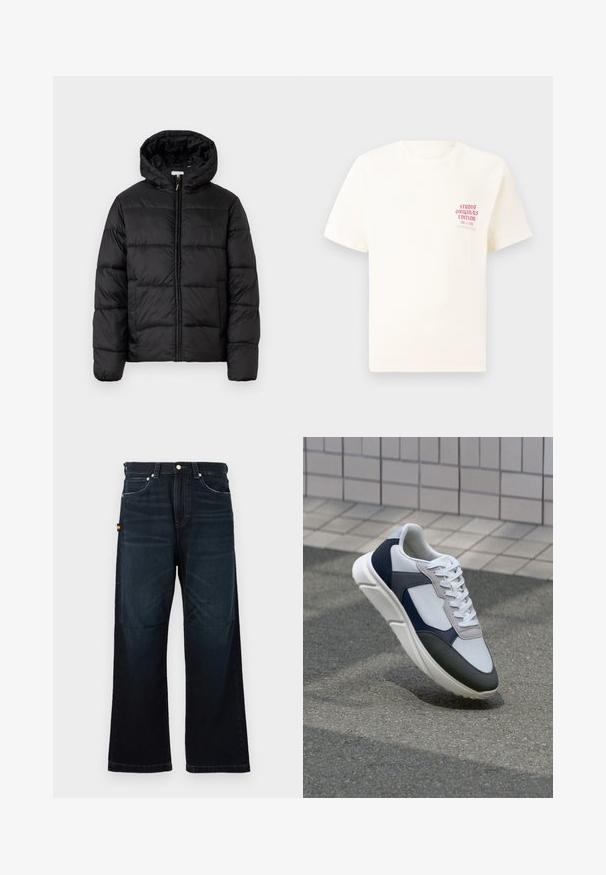 Juodas pūkinis švarkas su kapišonu, su horizontaliai siuvinėtais audinio ruožais, priekyje užsegamas užtrauktuku ir turintis lygią, blizgią tekstūrą.; Balta trumpa rankovėmis marškinėliai su raudonu užrašu "Studio Originals Edition" kairiajame krūtinės šone, rodomi neutralioje pilkoje aplinkoje.; Tamsiai mėlyni tiesių kojų džinsai su klasikinio penkių kišenių dizainu, diržo kilpomis ir subtiliais išblukimo akcentais priekyje ir keliuose.; Baltos, tamsiai mėlynos ir pilkos sportbačiai su mišriomis medžiagomis, turintys tekstūruotą viršutinę dalį, plokščius raištelius ir paminkštintą pado dalį.