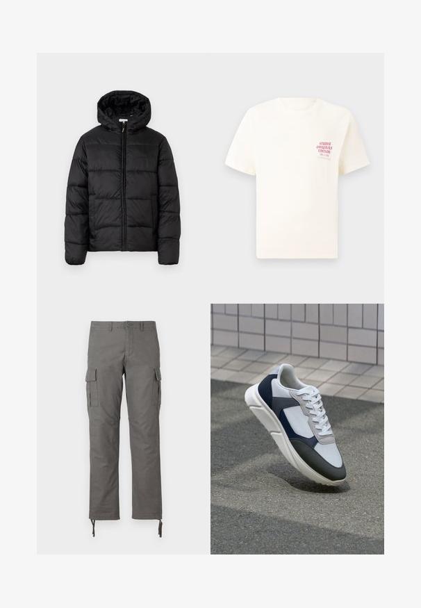 Černá péřová bunda s kapucí, s horizontálně prošívanými panely, předním zipovým zapínáním a hladkým, lesklým povrchem.; Bílý krátký rukávový tričko s červeným textem "Studio Originals Edition" na levé hrudi, vystavené na neutrálním šedém pozadí.; Šedé cargo kalhoty s rovnými nohavicemi, několika bočními kapsami a nastavovacími uzávěry na kotnících. Vyrobeny z odolné tkaniny.; Bílé, námořnické a šedé tenisky s kombinovaným materiálovým designem, který zahrnuje texturovaný svršek, ploché šňůrky a polstrovanou podešev.