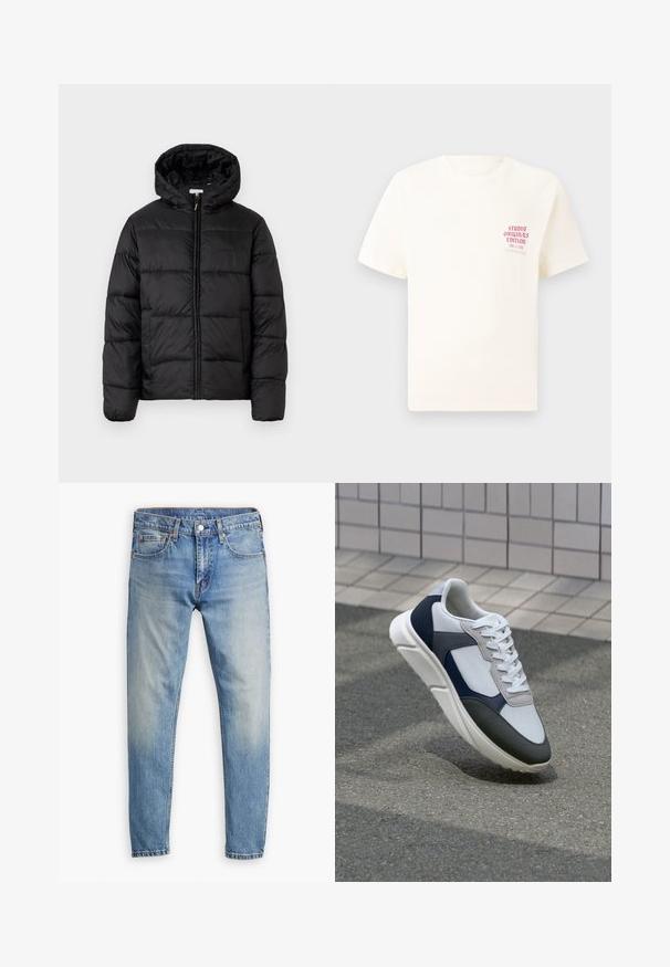 Crna puffer jakna s kapuljačom, koja ima horizontalne kvadratne panele, zatvaranje na zip sprijeda i glatku, sjajnu teksturu.; Bijela kratka majica s kratkim rukavima s crvenim natpisom "Studio Originals Edition" na lijevoj strani grudi, prikazana na neutralnoj sivoj pozadini.; Svijetloplave traper hlače ravnog kroja, s dizajnom od pet džepova i kontrastnim narančastim šavovima. Imaju zatvaranje na dugme i cipzar.; Bijela, mornarsko plava i siva tenisica s dizajnom od miješanih materijala, koja ima teksturirani gornji dio, ravne vezice i udoban đon.