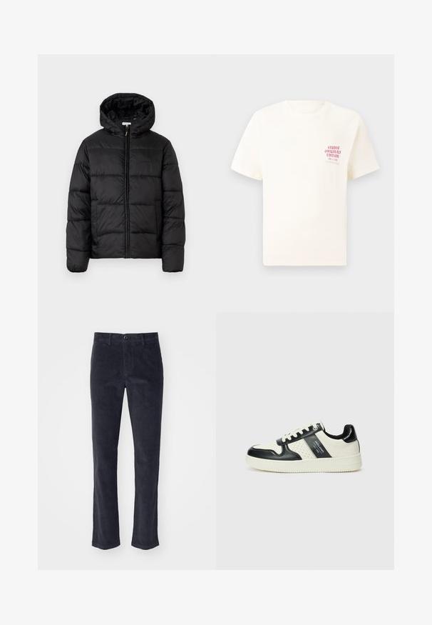 Veste matelassée noire avec capuche, présentant des panneaux matelassés horizontaux, un devant zippé et une texture lisse et brillante.; T-shirt blanc à manches courtes avec le texte rouge "Édition Originals du Studio" sur la poitrine gauche, présenté sur un fond gris neutre.; Pantalon en velours côtelé gris foncé avec une coupe droite, doté d'une fermeture à bouton à l'avant et de poches latérales. Texture douce avec des côtes verticales.; Baskets en cuir avec un schéma de couleurs noir et crème, dotées d'accents perforés, d'un col rembourré et d'une semelle texturée.