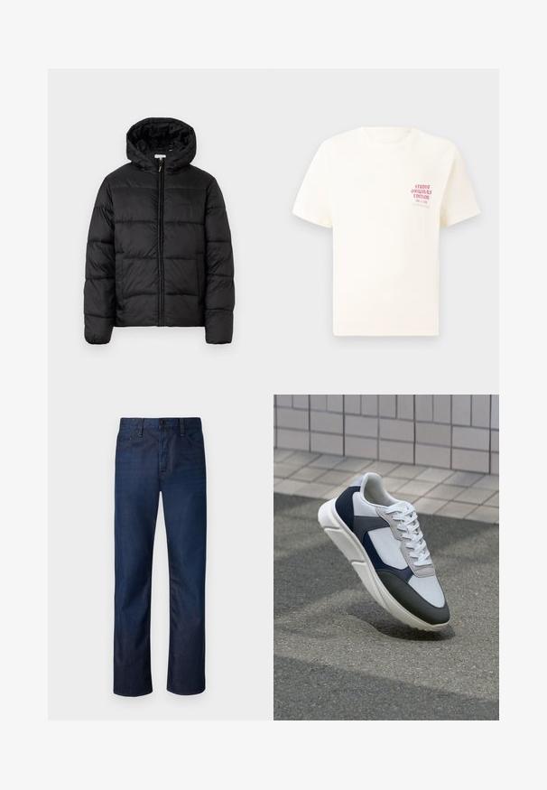 Črna pufasta bunda s kapuco, ki ima vodoravne prešite plošče, sprednje zapiranje na zadrgo in gladko, sijočo teksturo.; Bela majica s kratkimi rokavi z rdečim napisom "Studio Originals Edition" na levi strani prsnega koša, prikazana na nevtralnem sivo backgroundu.; Temno modri kavbojki s ravnim krojem, ki imajo pet žepov, zapiranje z gumbom in gladko denimsko teksturo. Brez vidnih vzorcev.; Bela, mornarsko modra in siva športna obutev z mešano materialno zasnovo, ki vključuje teksturirano zgornji del, ravne vezalke in oblazinjen podplat.