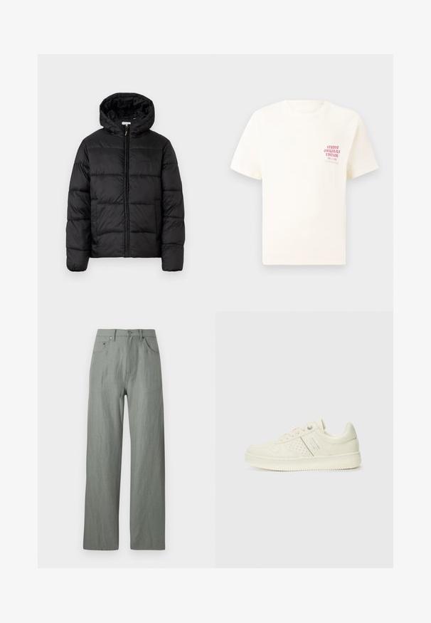 Fekete puffermellény kapucnival, vízszintes steppelésekkel, cipzáros elülső záródással és sima, fényes felülettel.; Fehér, rövid ujjú póló, bal mellen piros szöveggel "Studio Originals Edition", semleges szürke háttér előtt.; Világoszöld, bő szabású nadrág puha, texturált anyagból. Jellemzői közé tartozik az elöl gombos záródás és öt zseb.; Krém színű sneaker perforált részletekkel, fűzőkkel és logóval az oldalán, egy sima fehér háttér előtt kiállítva.