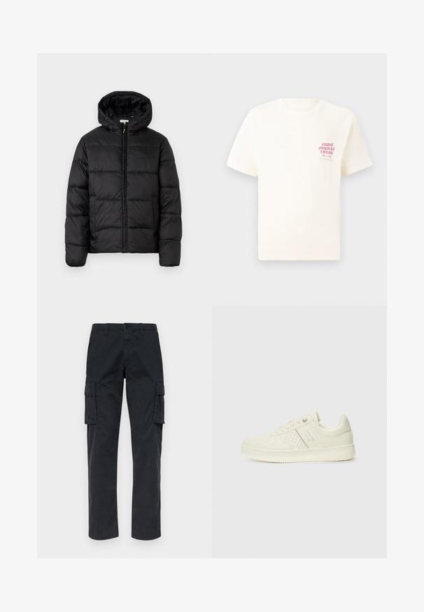 Svart puffjakke med hette, med horisontale quiltpaneler, glidelås foran og en glatt, shiny tekstur.; Hvit T-skjorte med korte ermer og rød tekst "Studio Originals Edition" på venstre bryst, vist på en nøytral grå bakgrunn.; Svarte cargo-bukser laget av slitesterkt stoff, med to sidelommer, rette ben og knappefeste i livet.; Kremfargede sneakers med perforerte detaljer, snøring og logo på siden, vist mot en enkel hvit bakgrunn.