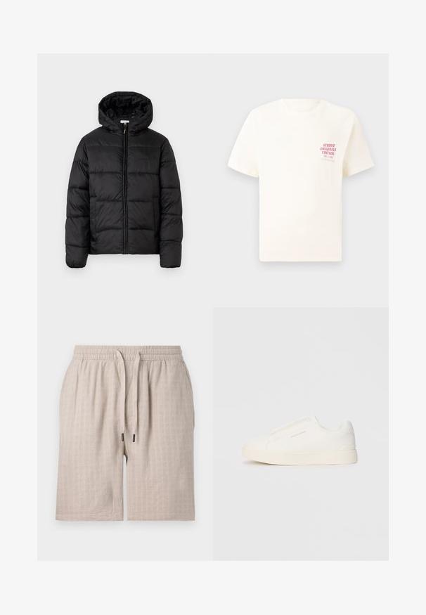 Giacca a vento nera con cappuccio, caratterizzata da pannelli trapuntati orizzontali, chiusura frontale con zip e una texture liscia e lucida.; T-shirt bianco a maniche corte con testo rosso "Studio Originals Edition" sul lato sinistro del petto, esposto su uno sfondo grigio neutro.; Pantaloni corti beige, textured, con vita elastica e cordoncino. Presentano un motivo a quadri discreto e una vestibilità ampia. Nessuna tasca visibile.; Sneakers bianchi slip-on con superficie texturizzata, suola spessa e design minimalista. Presentano il logo del marchio sul lato.