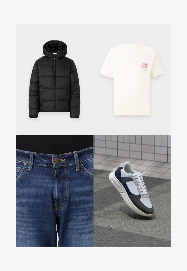 Czarna kurtka puchowa z kapturem, z poziomymi pikowanymi panelami, zapinana na zamek błyskawiczny z przodu i o gładkiej, błyszczącej fakturze.; Biała koszulka z krótkim rękawem z czerwonym napisem "Studio Originals Edition" po lewej stronie klatki piersiowej, wyeksponowana na neutralnym szarym tle.; Niebieskie dżinsy z prostym krojem. Mają guziki na zamek, kontrastowe przeszycia oraz pięć kieszeni. Nazwa marki "Lee" widoczna na guziku.; Białe, granatowe i szare sneakersy o mieszanej konstrukcji, z teksturowanym wierzchem, płaskimi sznurowadłami i amortyzowaną podeszwą.