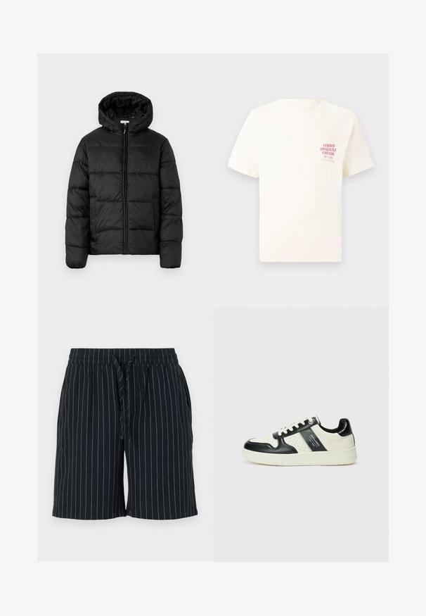 Jachetă puffer neagră cu glugă, cu panouri quilted orizontale, închidere prin fermoar și o textură netedă, lucioasă.; Tricou alb cu mânecă scurtă, având text roșu "Studio Originals Edition" pe partea stângă a pieptului, expus pe un fundal gri neutru.; Pantaloni scurți de culoare albastru închis, cu dungi verticale de culoare deschisă, talie elastică, închidere cu șnur și buzunare laterale. Fabricati dintr-un material ușor.; Tenisi din piele cu un scheme de culori negru și crem, dotati cu accente perforate, guler căptușit și o talpă texturată.