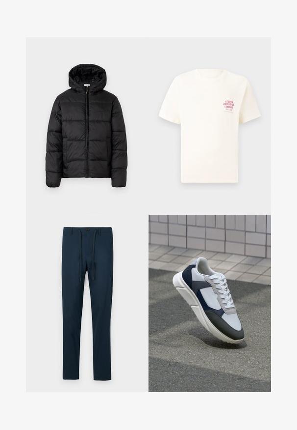 Casaco puffer preto com capuz, apresentando painéis acolchoados horizontais, fecho com zíper na frente e uma textura suave e brilhante.; T-shirt branca de mangas curtas com o texto vermelho "Edição Originais do Estúdio" no lado esquerdo do peito, apresentada sobre um fundo cinza neutro.; Calças azul-marinho feitas de tecido leve, com fecho de botão e cordão ajustável, com um corte slim e afunilado.; Sapatilhas brancas, azuis-marinho e cinzas com um design de materiais mistos, apresentando uma parte superior texturizada, atacadores planos e uma sola acolchoada.