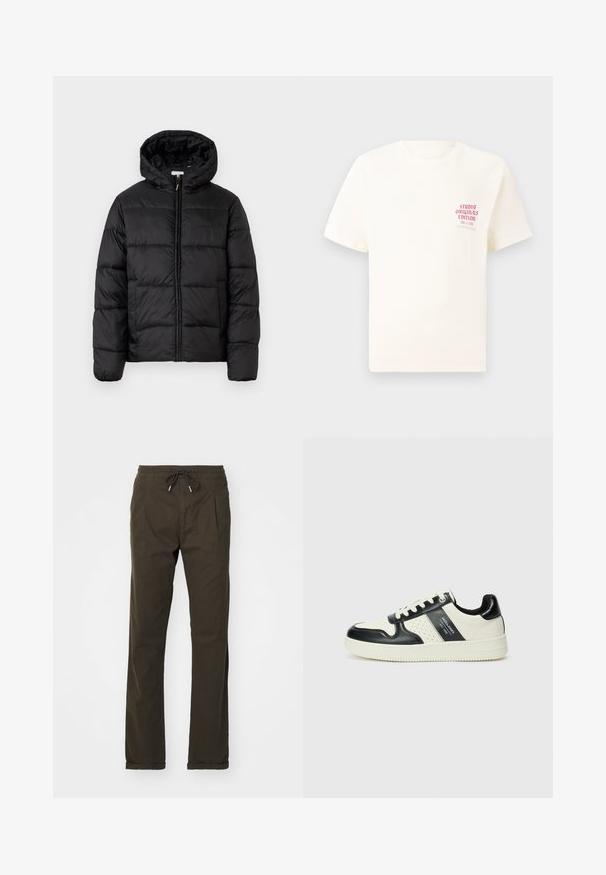 Svart puffjakke med hette, med horisontale quiltpaneler, glidelås foran og en glatt, shiny tekstur.; Hvit T-skjorte med korte ermer og rød tekst "Studio Originals Edition" på venstre bryst, vist på en nøytral grå bakgrunn.; Brune snøring bukser laget av myk stoff, med sidelommer og avslappet passform, med oppbrettede mansjetter nederst.; Lædersneakers med sort og creme farveskema, der har perforerede detaljer, en polstret krave og en struktureret ydersål.