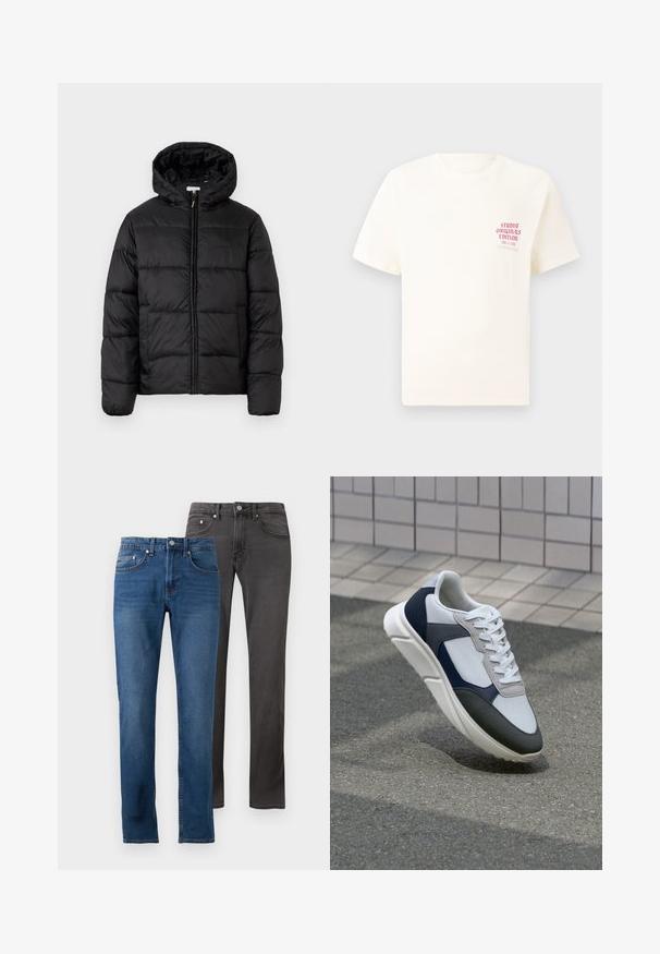 Casaco puffer preto com capuz, apresentando painéis acolchoados horizontais, fecho com zíper na frente e uma textura suave e brilhante.; T-shirt branca de mangas curtas com o texto vermelho "Edição Originais do Estúdio" no lado esquerdo do peito, apresentada sobre um fundo cinza neutro.; Duas pares de jeans: uma em azul médio com um acabamento desgastado, e a outra em cinza escuro com uma textura suave. Ambas têm um corte reto e cinco bolsos.; Sapatilhas brancas, azuis-marinho e cinzas com um design de materiais mistos, apresentando uma parte superior texturizada, atacadores planos e uma sola acolchoada.