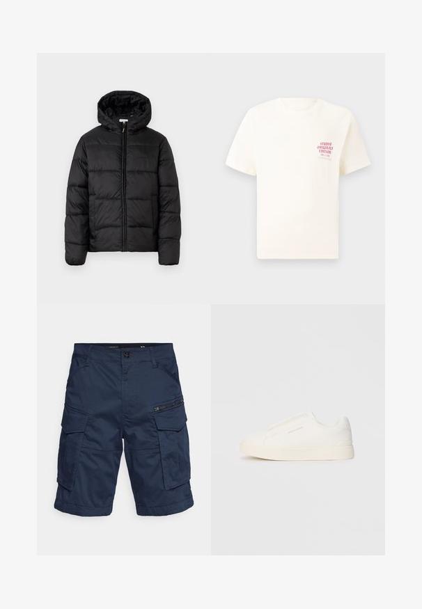 Black puffer jacket with a hood, featuring horizontal quilted panels, zip front closure, and a smooth, shiny texture.; White short-sleeve T-shirt with red text "Studio Originals Edition" on left chest, displayed on a neutral gray background.; Navy blue cargo shorts with multiple pockets, zipper accents, and a button closure. Made from a durable, lightweight fabric for versatility.; White slip-on sneakers with a textured surface, a thick sole, and minimalistic design. Features brand logo on the side.