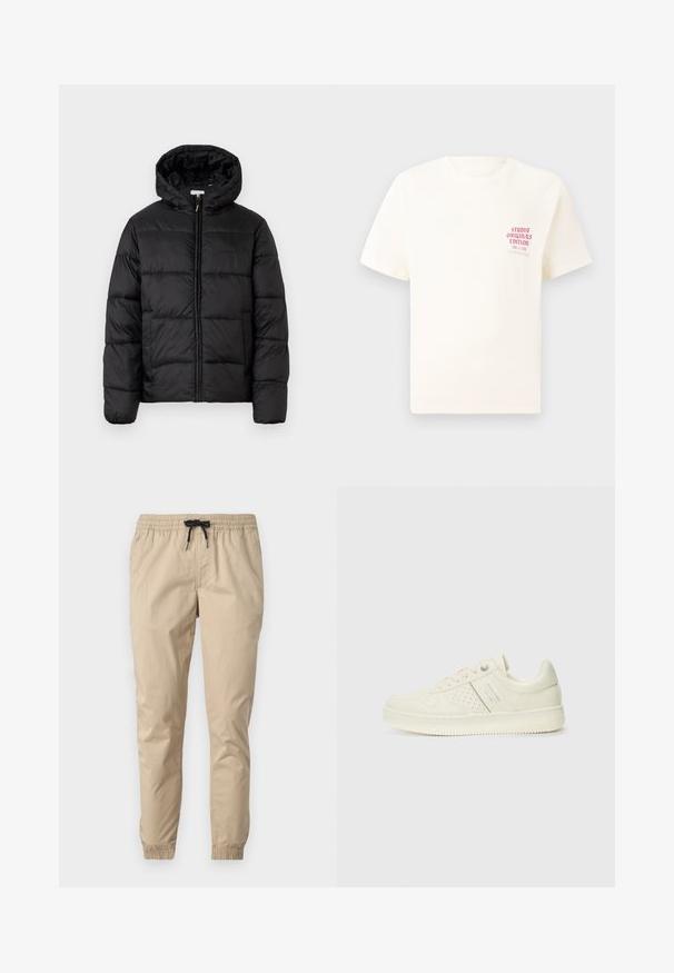 Črna pufasta bunda s kapuco, ki ima vodoravne prešite plošče, sprednje zapiranje na zadrgo in gladko, sijočo teksturo.; Bela majica s kratkimi rokavi z rdečim napisom "Studio Originals Edition" na levi strani prsnega koša, prikazana na nevtralnem sivo backgroundu.; Beige lahki hlače z elastičnim pasom in vrvico, s koničastimi nogavicami z elastičnimi manšetami. Gladek, teksturiran material.; Sneaker v kremni barvi s perforiranim detajlom, vezalkami in logotipom na strani, prikazan na enostavni beli ozadju.