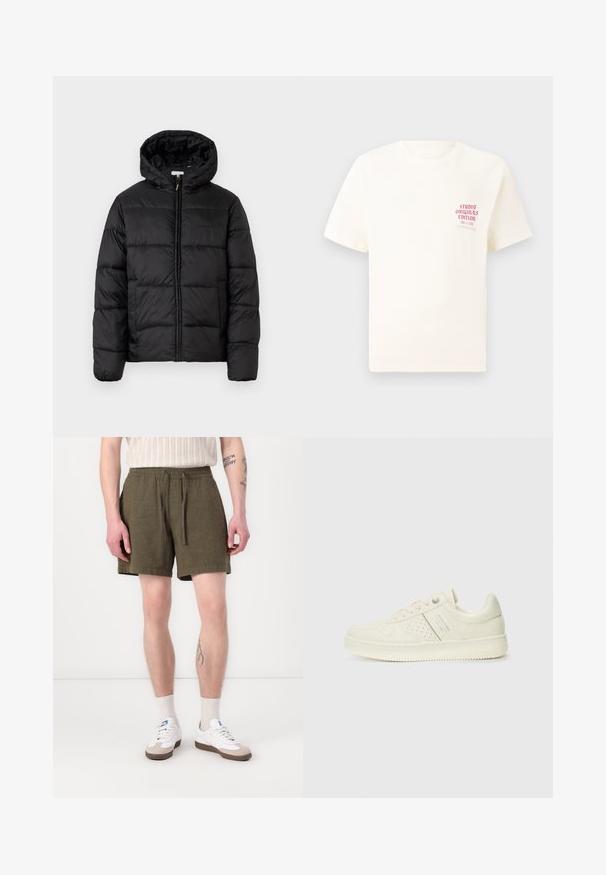 Black puffer jacket with a hood, featuring horizontal quilted panels, zip front closure, and a smooth, shiny texture.; White short-sleeve T-shirt with red text "Studio Originals Edition" on left chest, displayed on a neutral gray background.; Olive green shorts with an elastic waistband and drawstring, featuring side pockets and a straight cut, made from a lightweight fabric.; Cream-colored sneaker with perforated detailing, laces, and logo on the side, displayed against a plain white background.