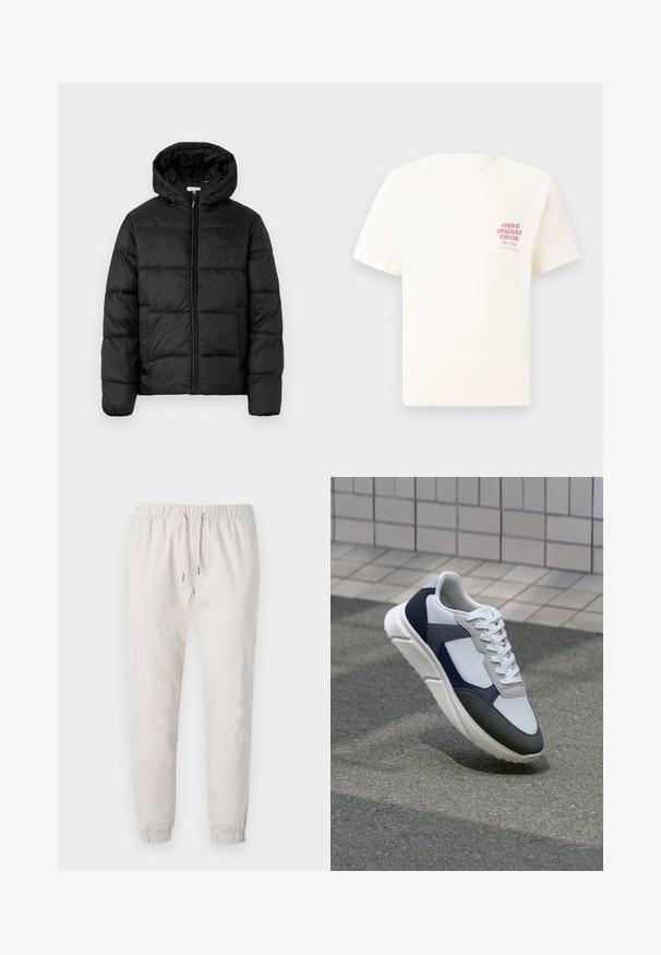 Chaqueta de plumas negra con capucha, que presenta paneles acolchados horizontales, cierre frontal con cremallera y una textura suave y brillante.; Camiseta blanca de manga corta con el texto rojo "Edición de Studio Originals" en el lado izquierdo del pecho, exhibida sobre un fondo gris neutro.; Pantalones jogger de color beige claro, hechos de tela suave, con una cintura elástica con cordón ajustable, tobillos ajustados y bolsillos laterales.; Zapatilla blanca, azul marino y gris con un diseño de materiales mixtos, que presenta una parte superior texturizada, cordones planos y una suela acolchada.